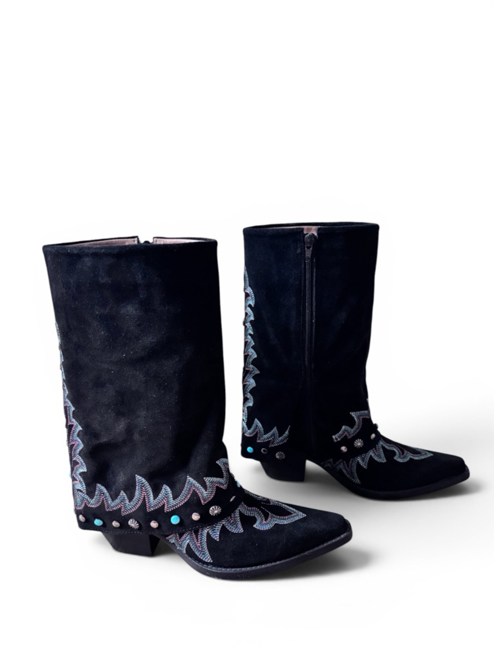 Buck & Brana Black Suede Western Boots Turquoise Stud Embroidered Size 7